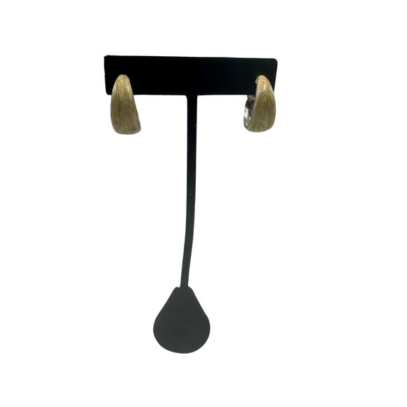 Vintage Silver & Greenish Tan Leverback Hoop Earrings Fashion Basic - Picture 2 of 4